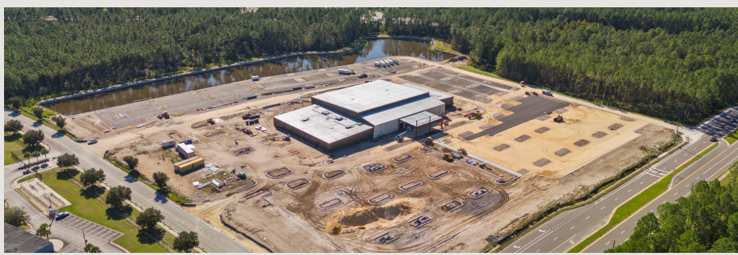 Aerial view of a church worship center and ministry facilities under construction in Saint Johns, Florida